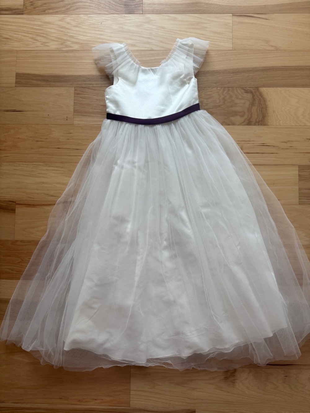 Azazie Ivory Tulle Flower Girl Dress with Purple Sash